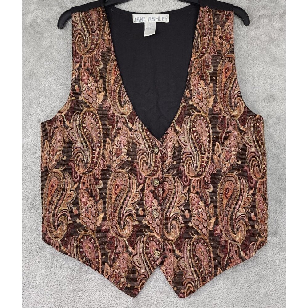Jane Ashley Vest Womens Medium Multicolor Paisley Beaded Button Up Vintage Top